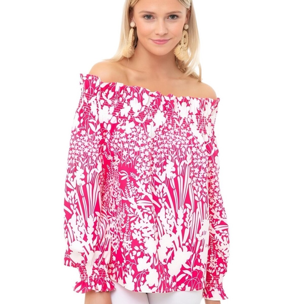 NWT Tuckernuck Off-Shoulder Floral Blouse in Hot Pink & White
